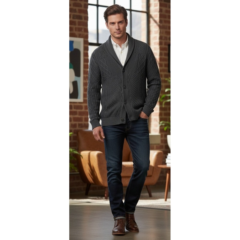 J Ferrar Men's Cardigan Sweater Size XL Gray Shawl Collar Cable Knit Grandpacore